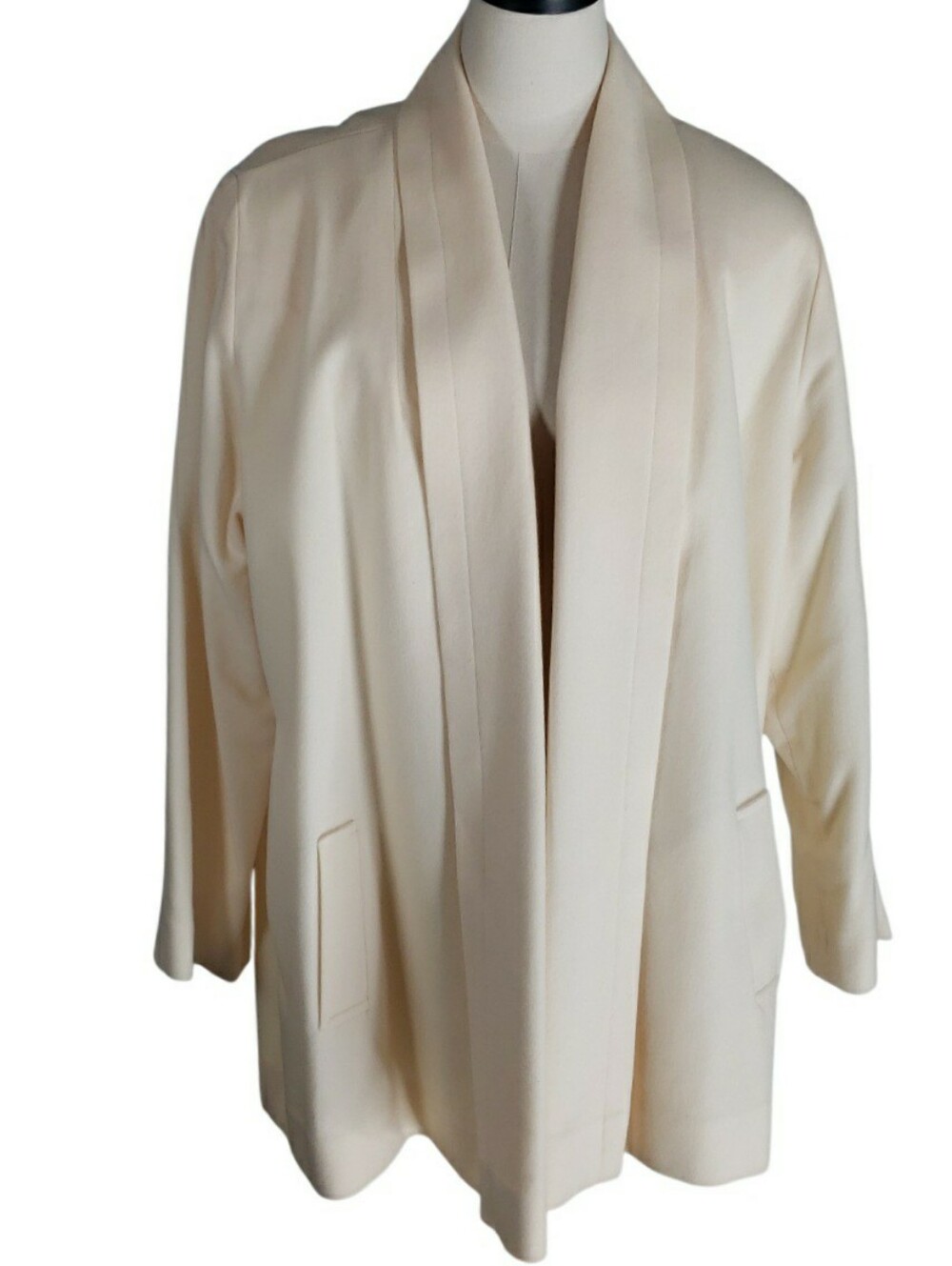 Kristen Blake USA Vtg Merino Wool Ivory Cream Open Front Draped Jacket Coat L